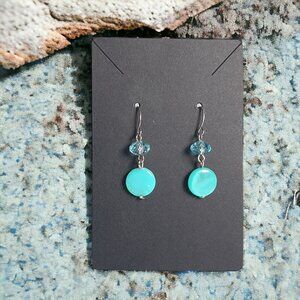 Handmade Teal and Crystal Drop Earrings Hook Back Women Elegant Jewelry Gift